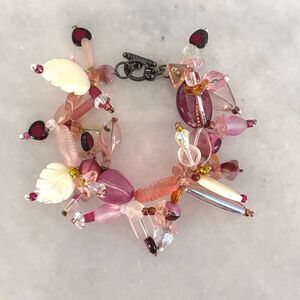 Artisan Glass Beads & Hand Carved Mother of Pearl Sterling Bracelet Multicolor 6